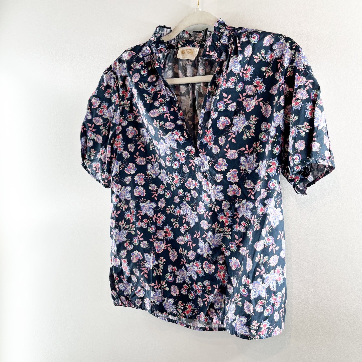 Nation LTD Rosanna Floral Print Puff Sleeve Blouse in Midsummer Blue Small