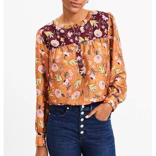 LOFT Long Sleeve Button Front Floral Satin Blouse Top Orange Maroon Small