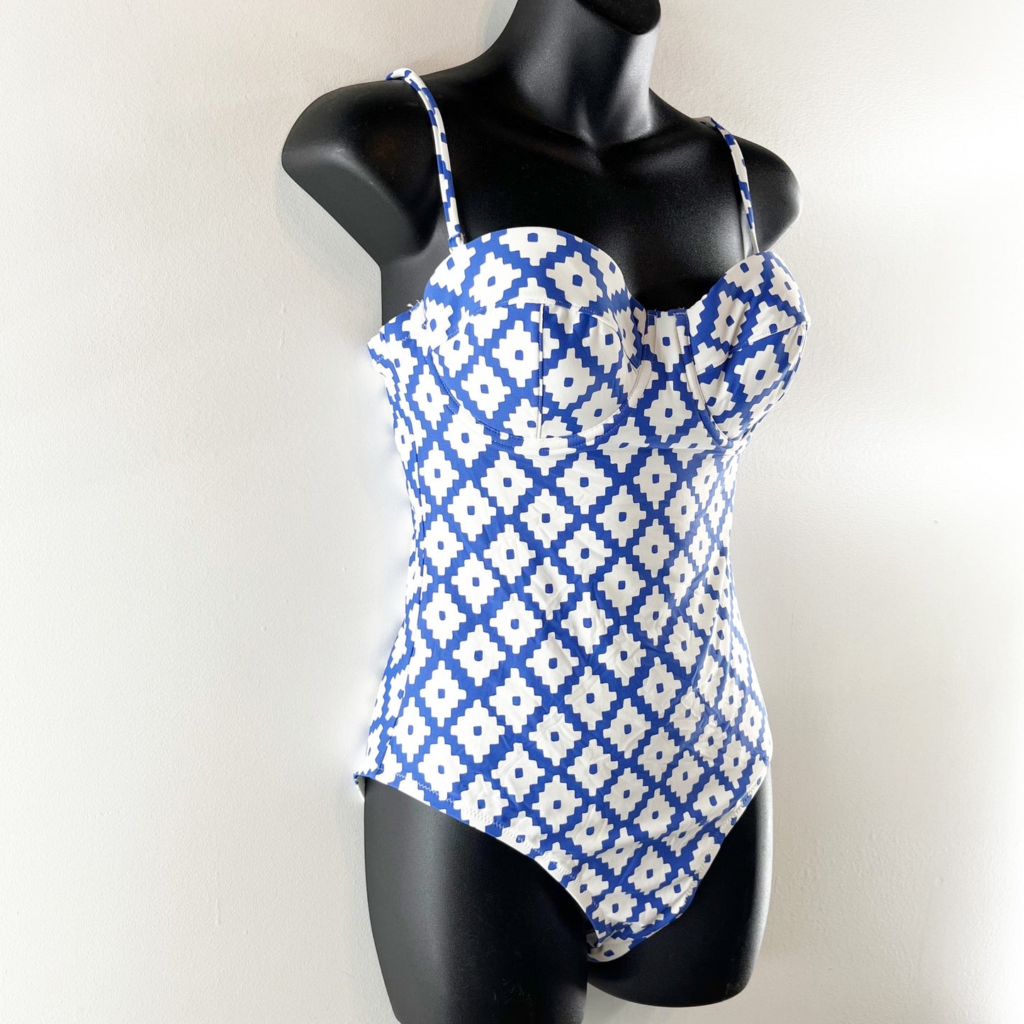 J. Crew x SZ Blockprints Geo One Piece Swimsuit Bathing Suit Blue White 8