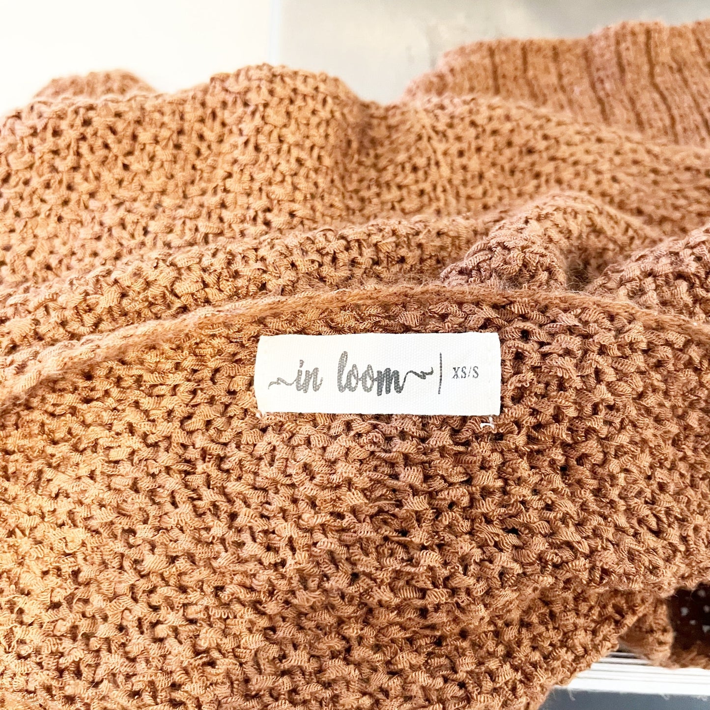 In Loom V Neck Slouchy Crochet 3/4 Cuffed Sleeve Sweater Brown XS / S