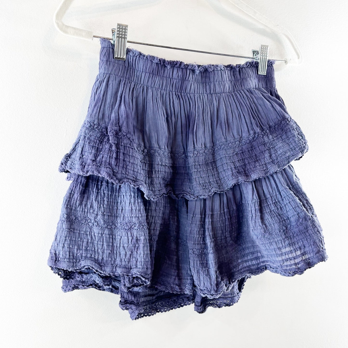 Aerie Tiered Ruffle Cotton Smocked Waist Tie Dye Mini Skirt Blue Small