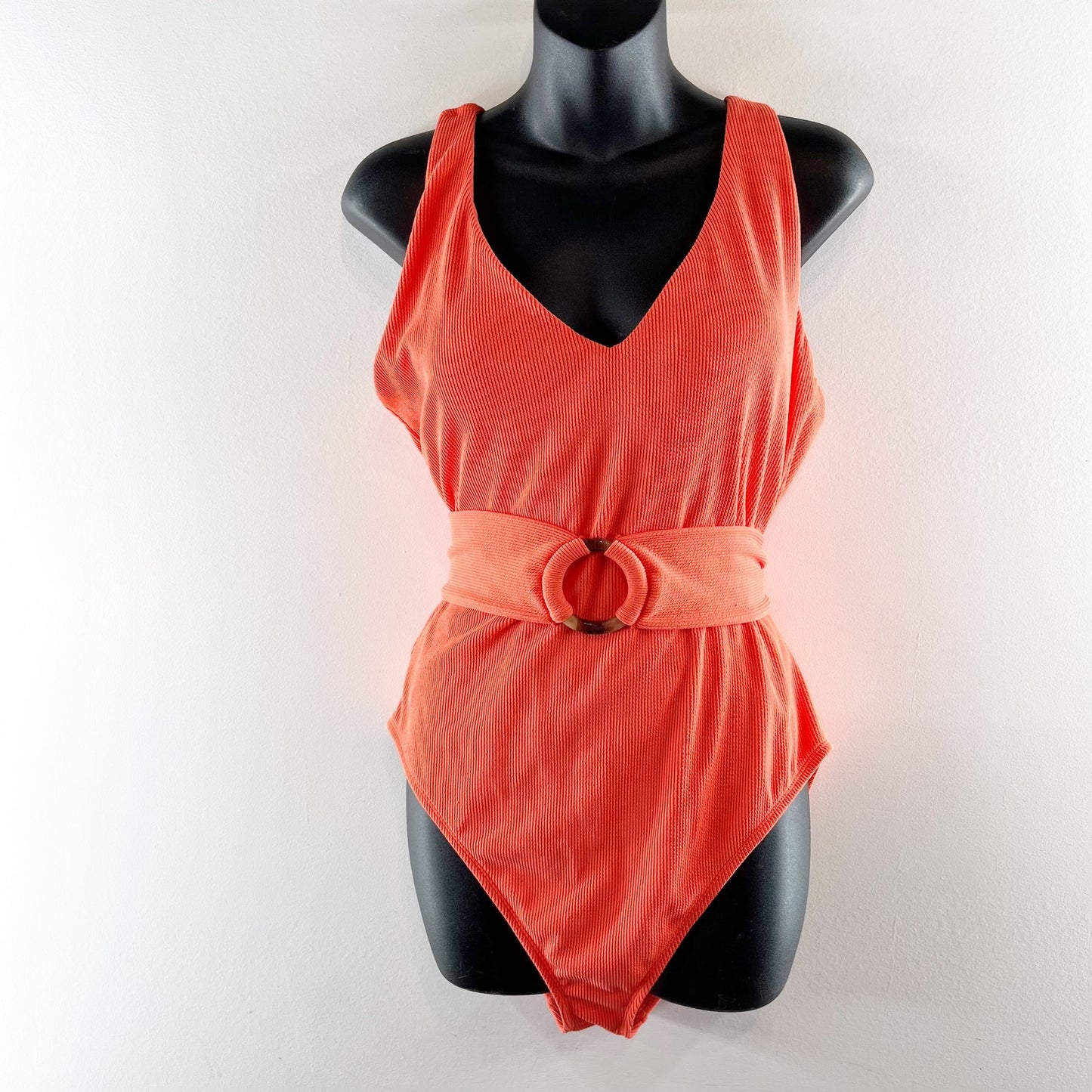 Jessica Simpson V Neck Ribbed One Piece Belted Swimsuit Orange XL