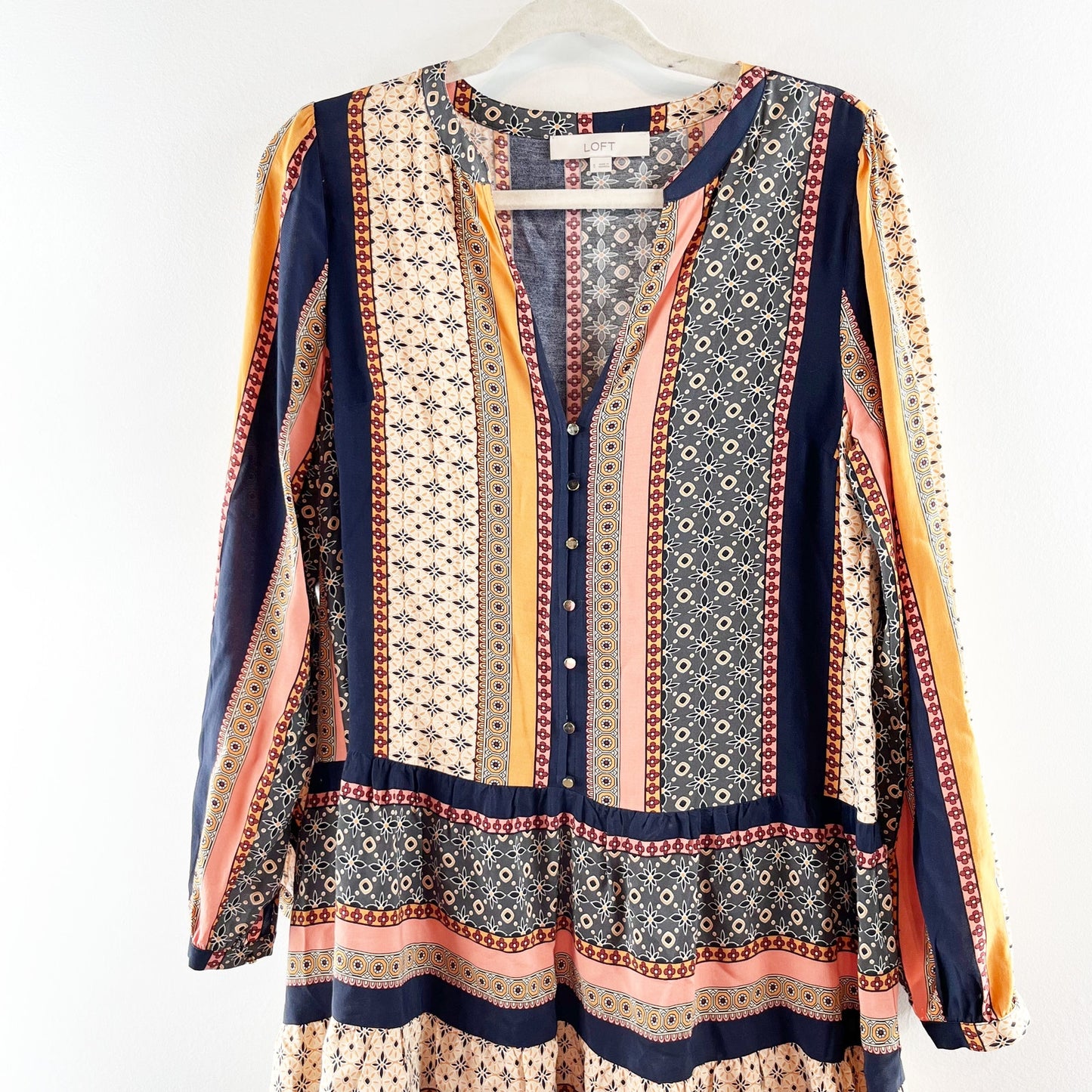LOFT Foulard Long Sleeve Striped Tunic Mini Boho Dress Blue Orange Small