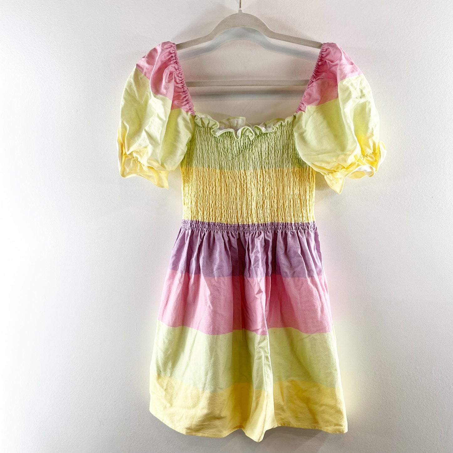 Olivia Rubin Emilie Striped Pastel Puff Sleeve Mini Dress Yellow Pink 2