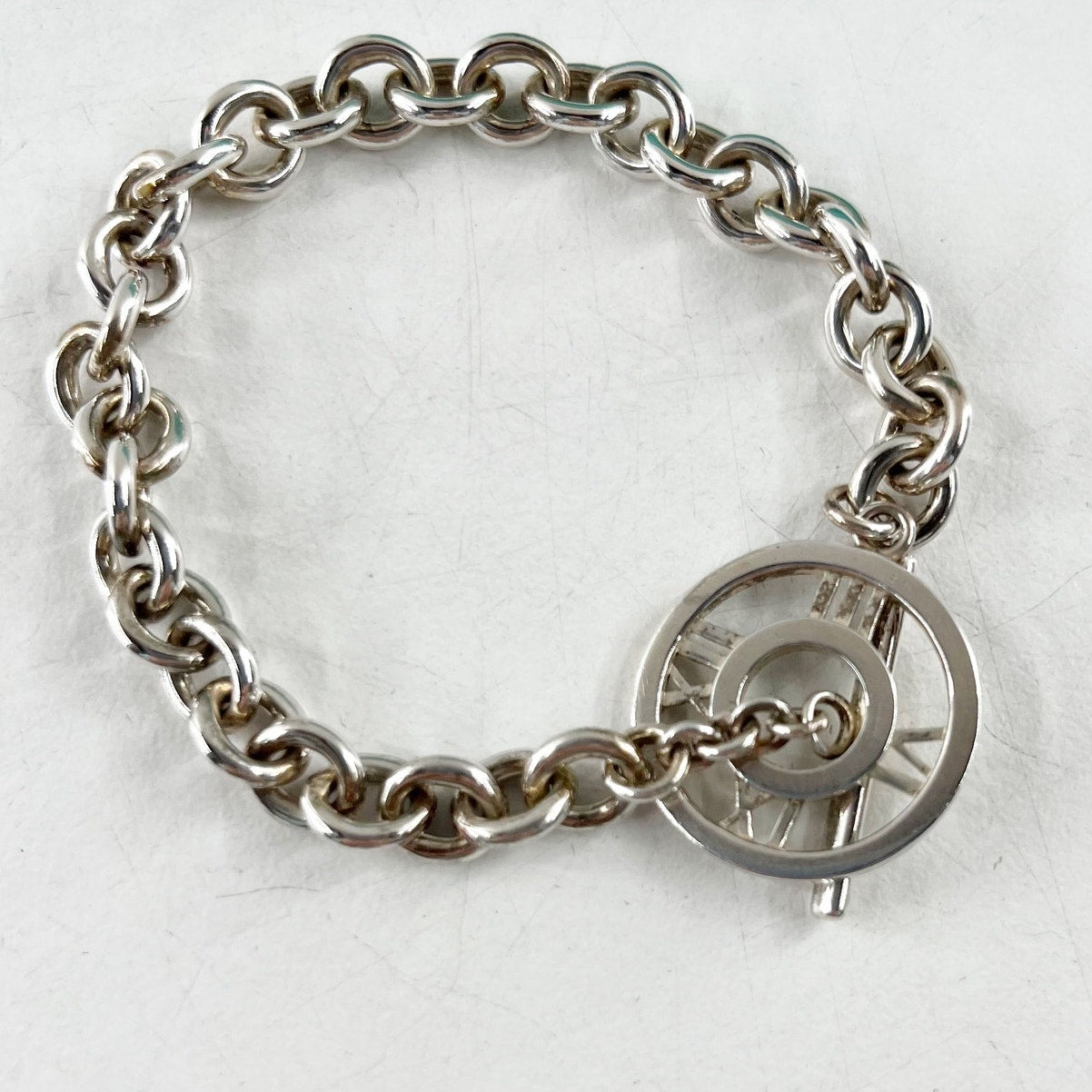 Tiffany & Co. 2003 Atlas 925 Silver Chain Toggle Charm Bracelet with Pouch