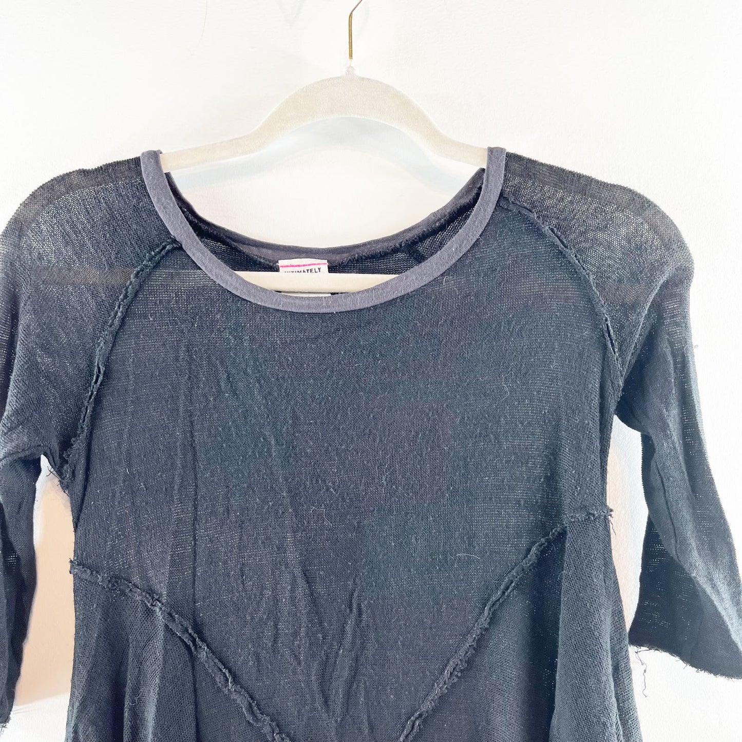 Free People Intimately Sheer Three Quarter Sleeve Weekend Layering Top Black XS