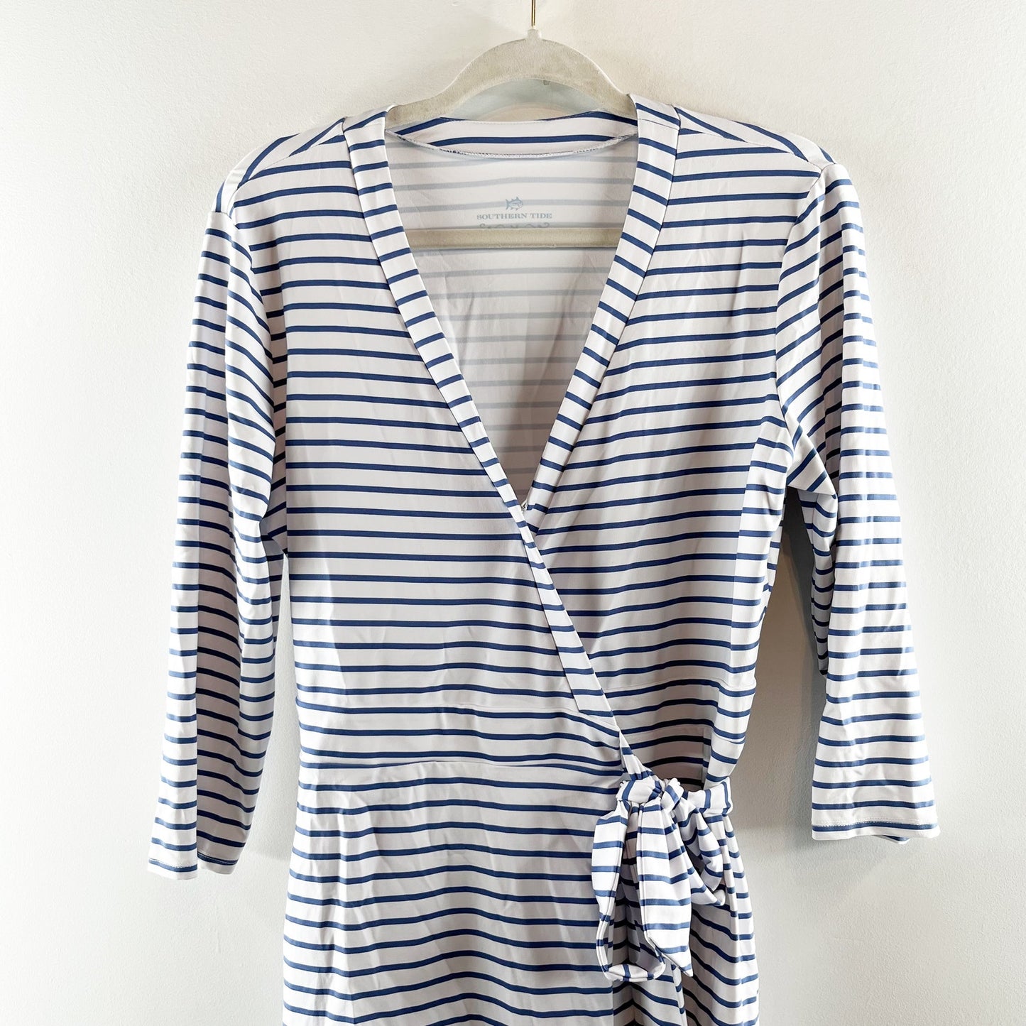 Southern Tide 3/4 Sleeve Moira Striped Wrap Romper One Piece White Blue Medium