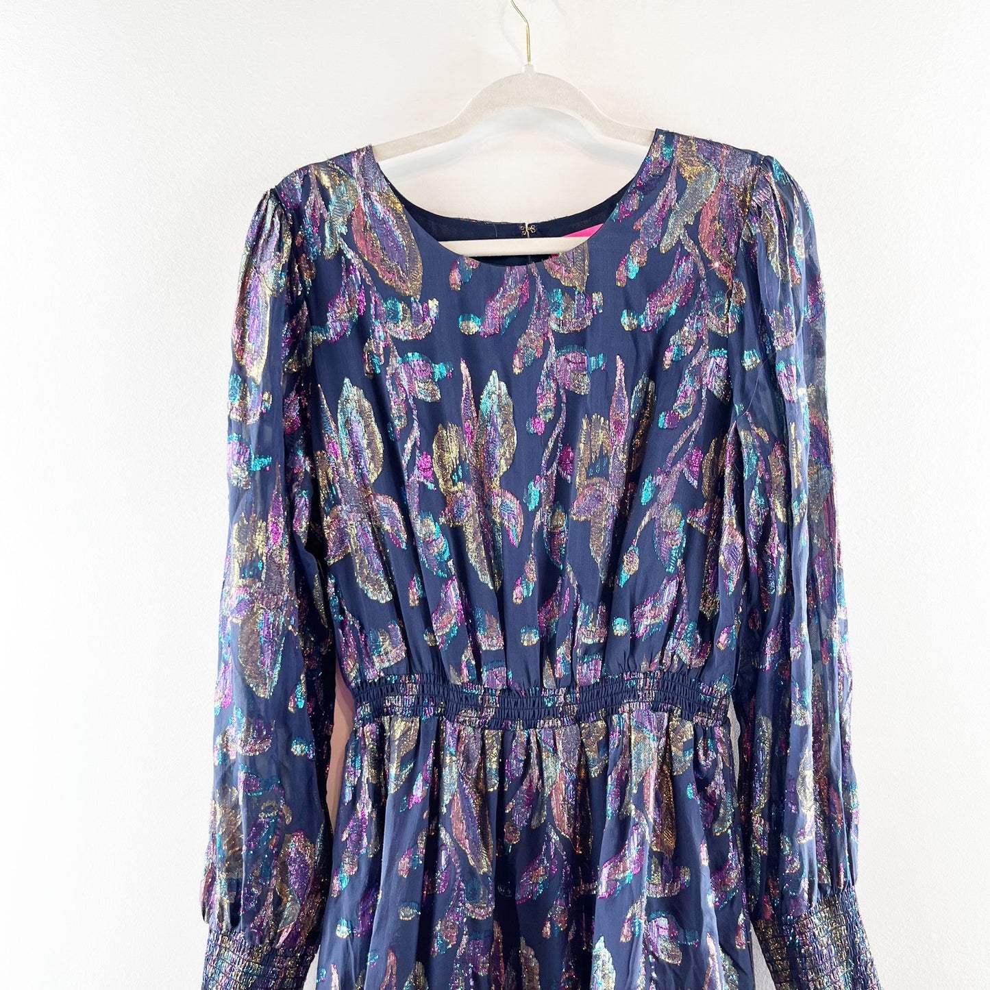 Lilly Pulitzer Dotti Long Sleeve Floral Ruffle Hem Metallic Mini Dress Blue 14