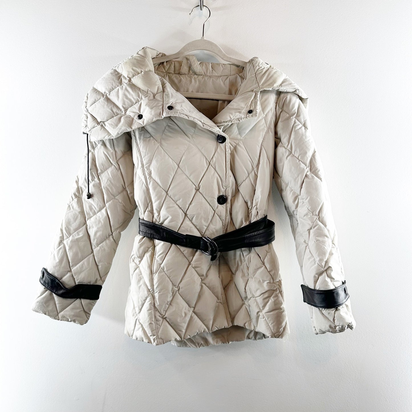 Max Mara Quilted Down Oversized Collar Belted Puffer Coat Jacket Cream 6