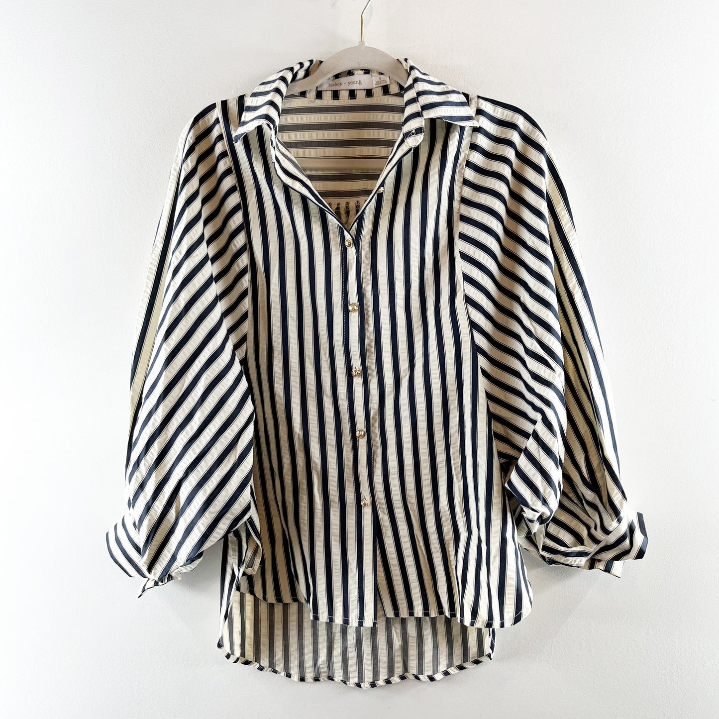 Bishop + Young Aly Striped Long Sleeve Button Front Blouse Cream Navy Blue Small