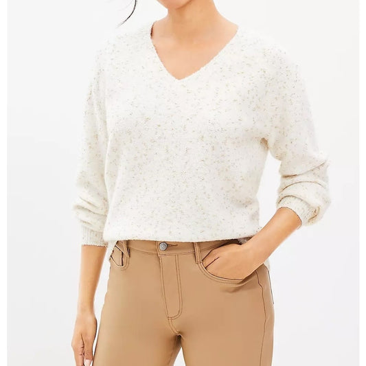 LOFT Shimmer V Neck Long Sleeve Sweater Ivory Cream Gold Large