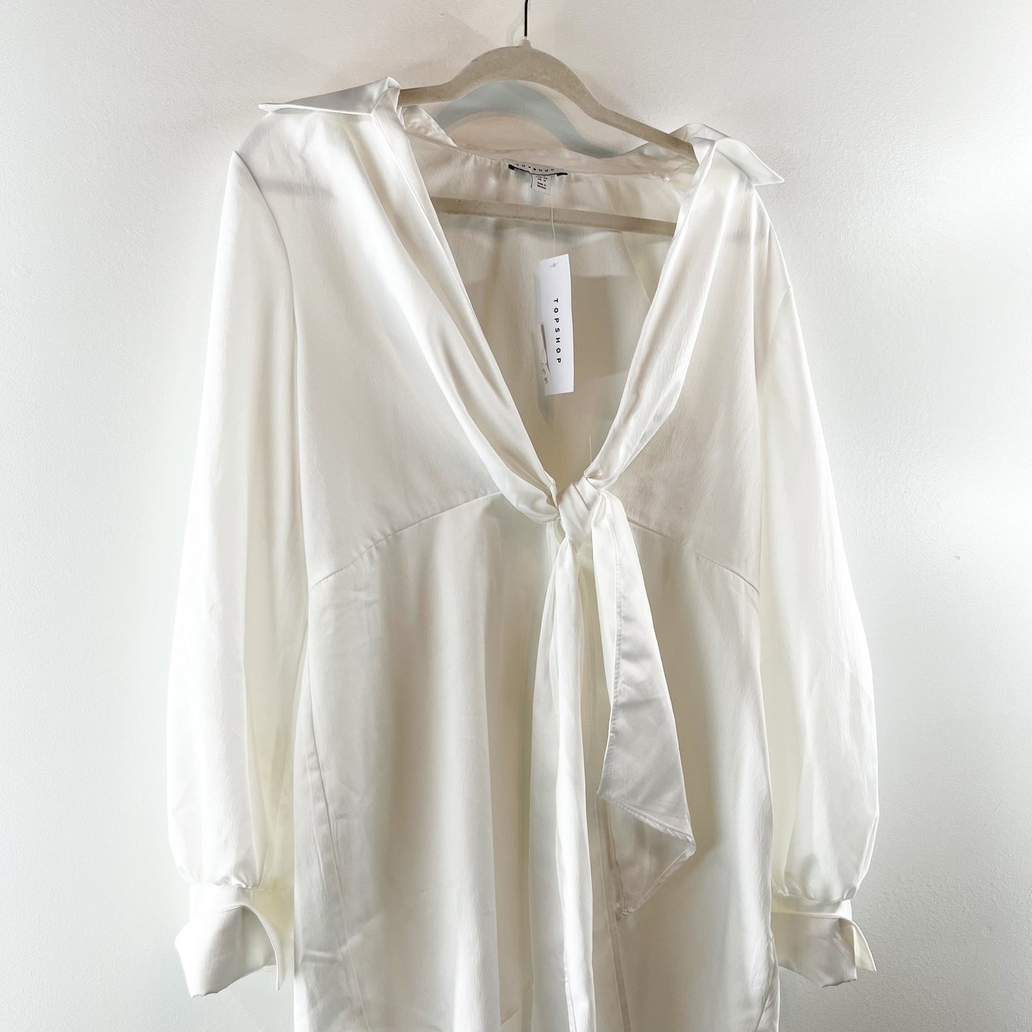 Topshop Long Sleeve Mini Twist Front Satin Shirt Dress White 12