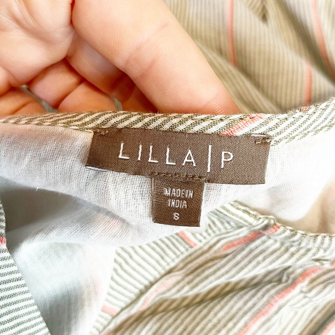 Lilla P Easy Elbow Sleeve Cotton Striped Midi Dress Papaya Stripe Small