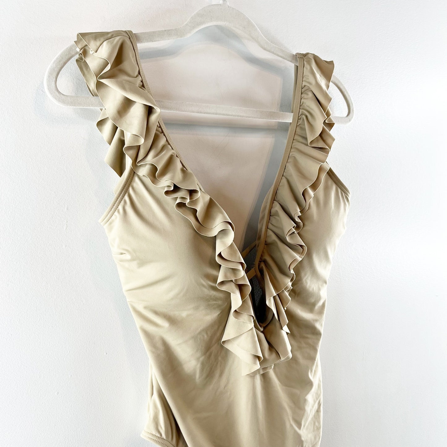 Michael Kors Plunge Ruffle Trim Open Back One Piece Swimsuit Gold Tan 14