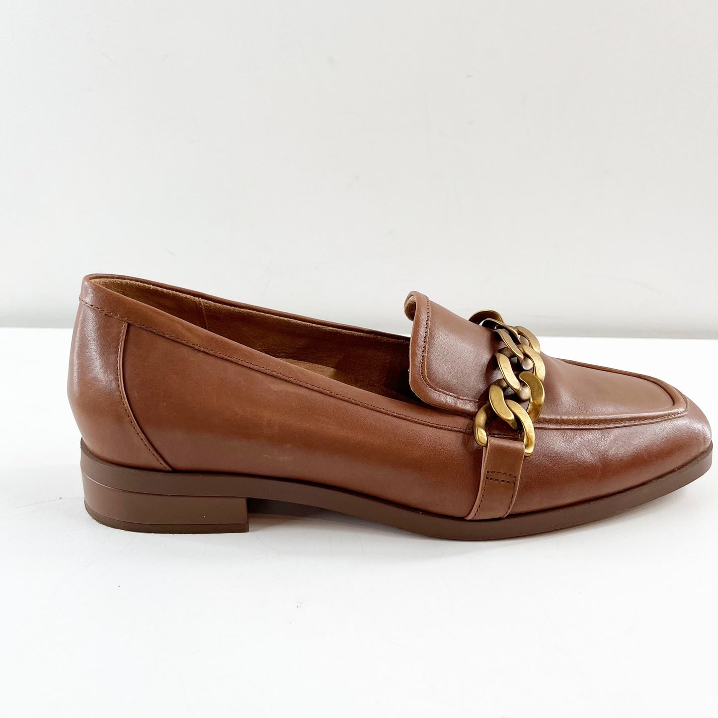 Vionic Mizelle Leather Gold Chain Loafer Shoes Brown 9.5