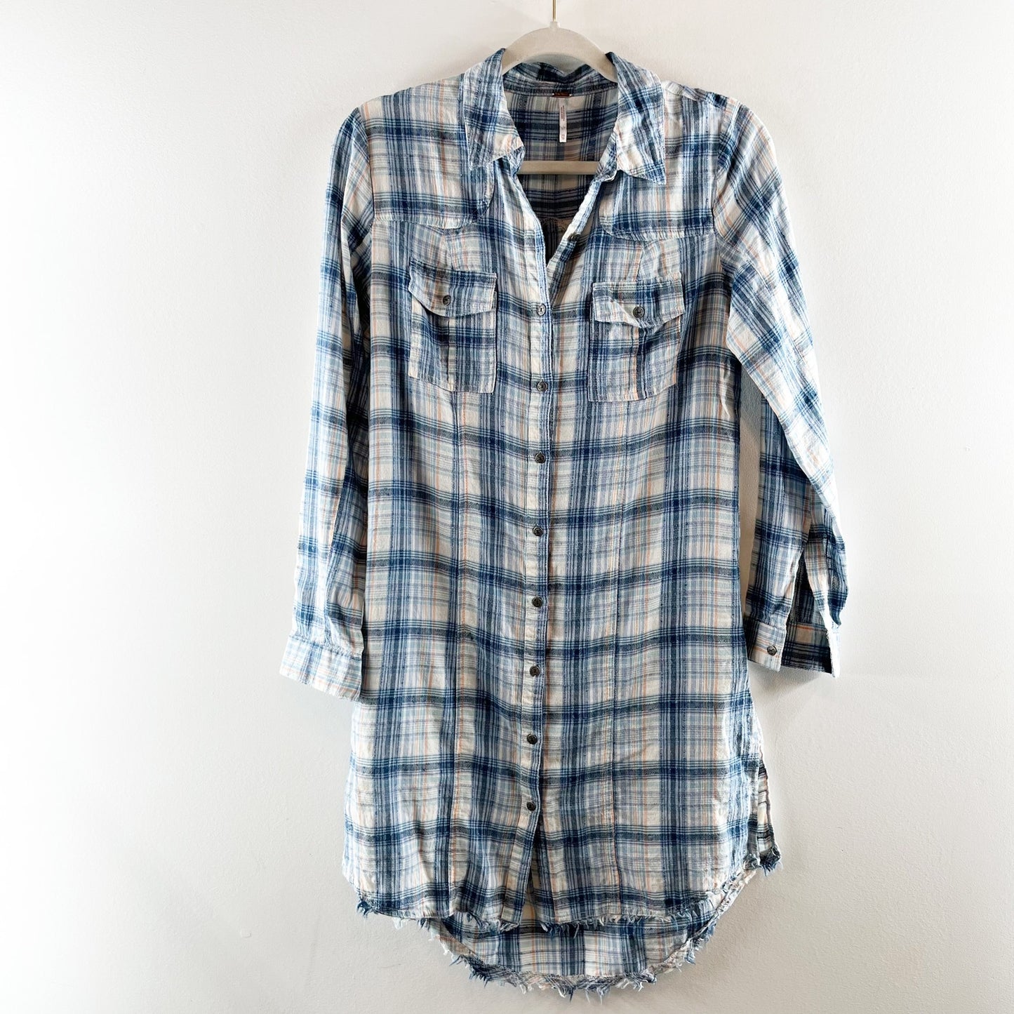 Free People Eight Days A Week Long Sleeve Plaid Shirt Dress Blue XS