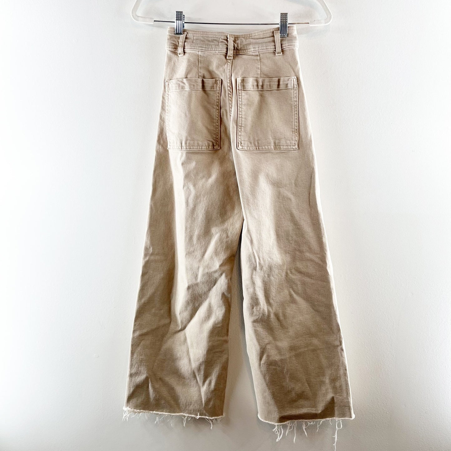 ZARA The Marine High Rise Wide Leg Raw Hem Pants Jeans Tan Khaki 2