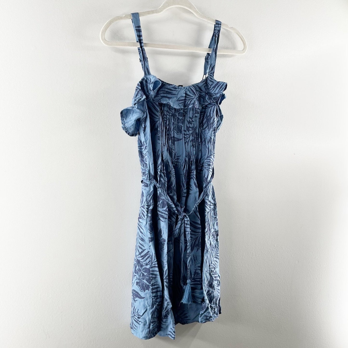 Roxy Ruffle Neckline Belted Tropical Print Mini Sundress Blue Medium