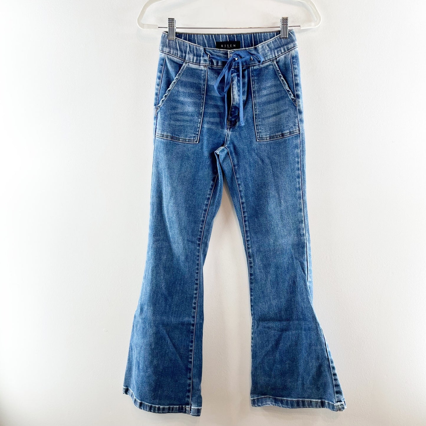 Risen Denim Mid Rise Flare Jeans With Drawstring and Front Pockets Blue 5 / 27