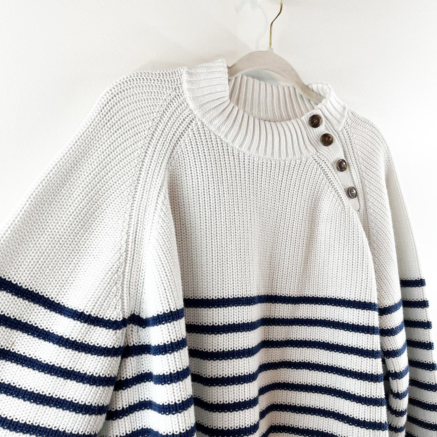 J. Crew Striped Button Mockneck Cotton Pullover Sweater White Blue 3X