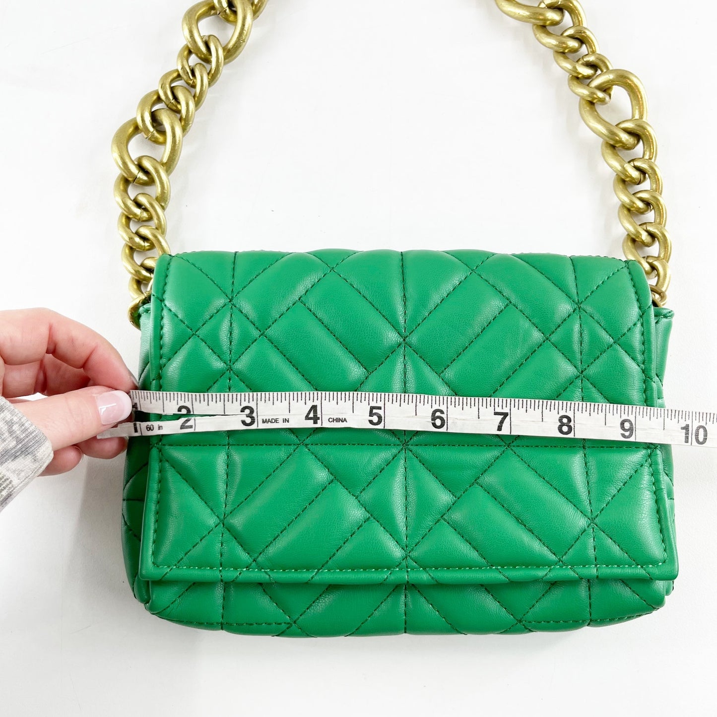 ZARA Quilted Flap Gold Chain Strap City Purse Bag Emerald Green