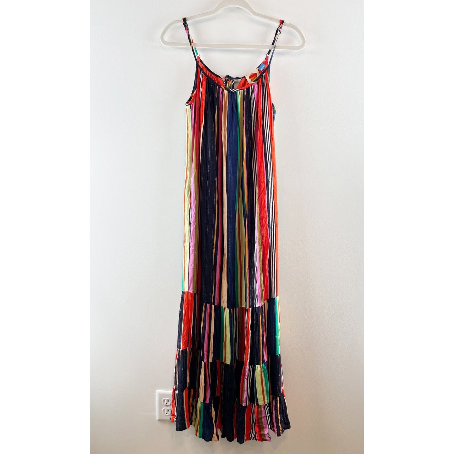 Farm Rio Rainbow Shimmer Striped Sleeveless Tiered Maxi Dress Small