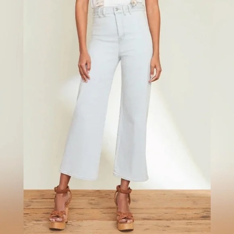 Veronica Beard Grant Braided Waist Extra High Rise Wide Leg Jeans Aspen Blue 10