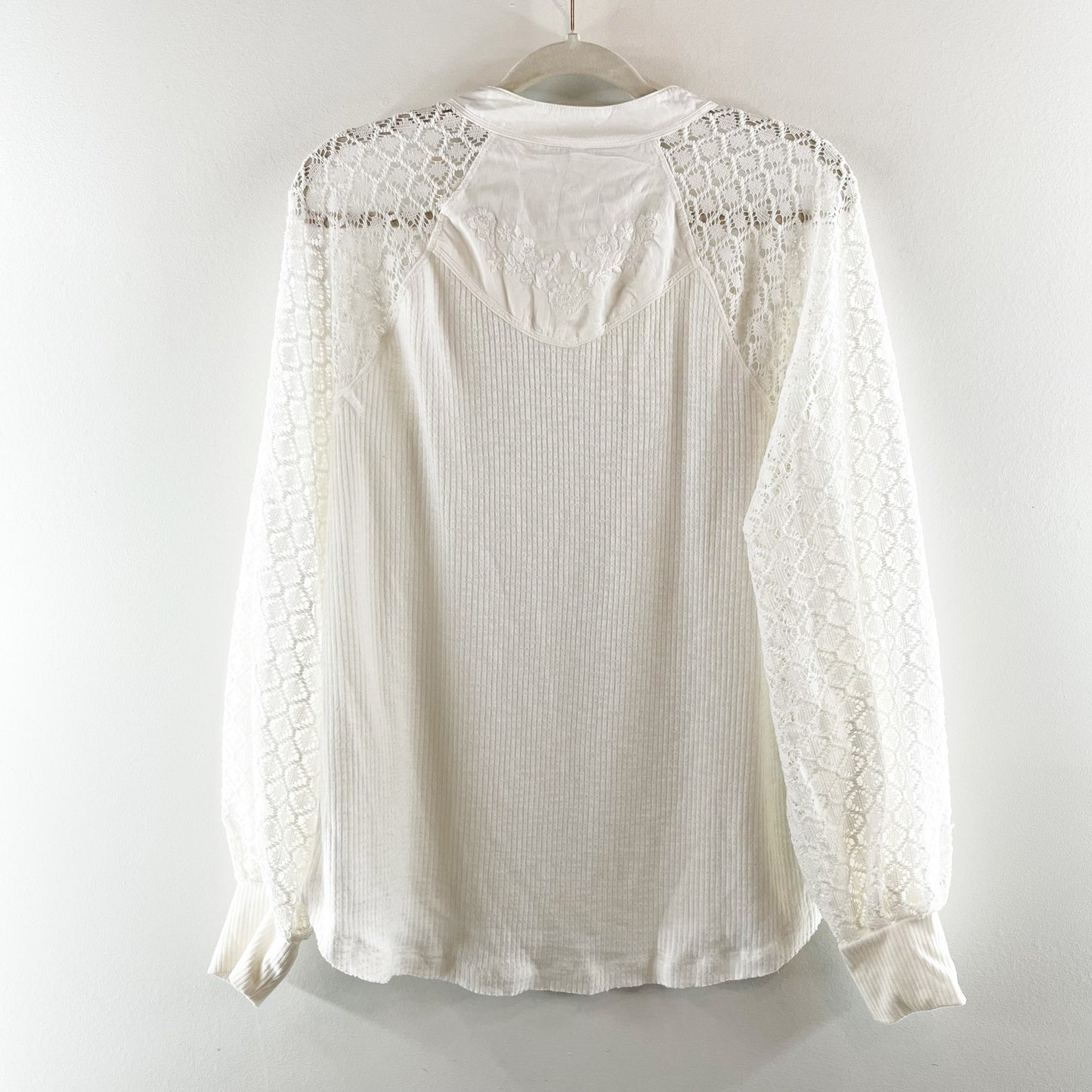 Free People Sweetest Thing Thermal Sheer Crochet Sleeve Top White Medium