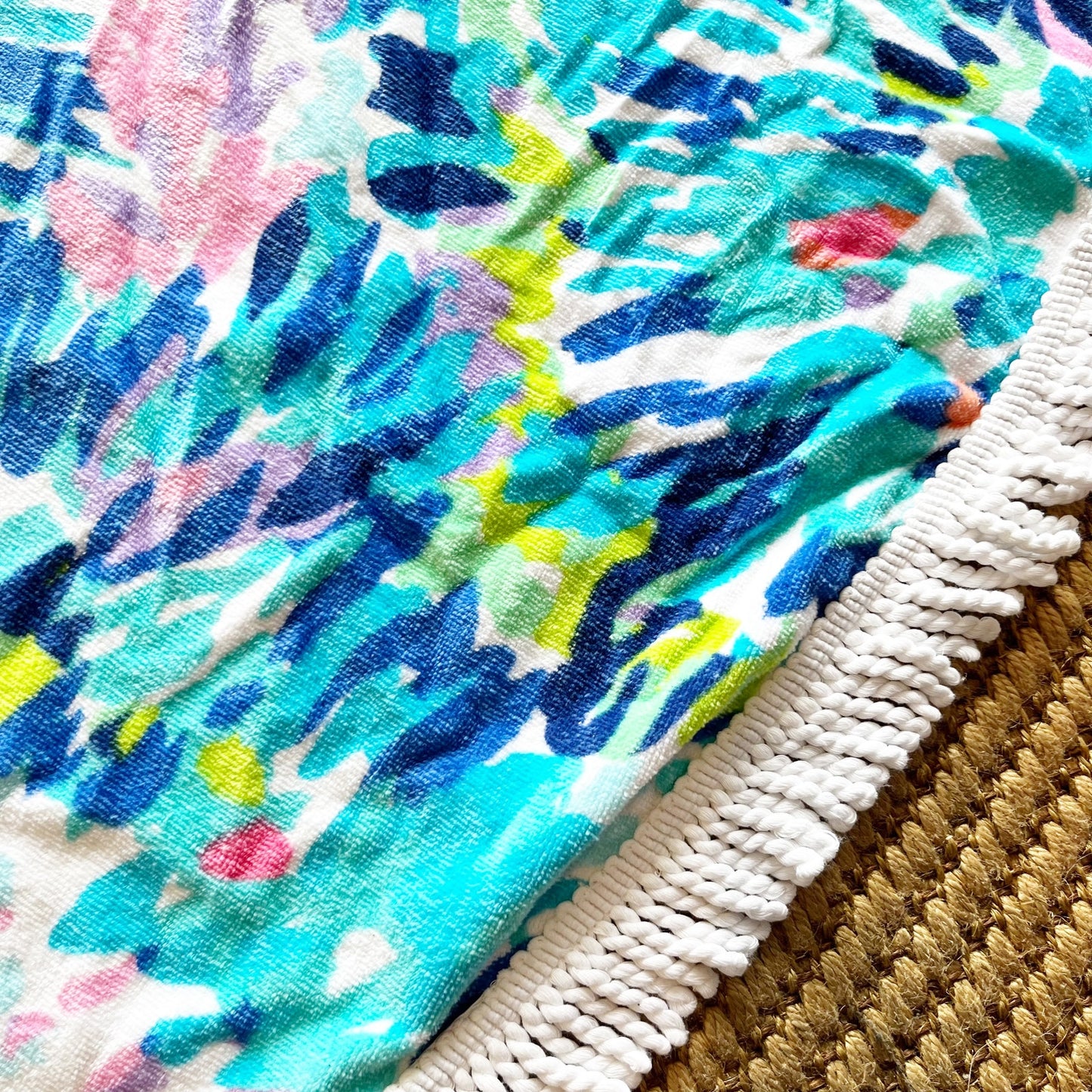 Lilly Pulitzer Circa Round Tassel Trim Fringe Beach Towel Mat Blue