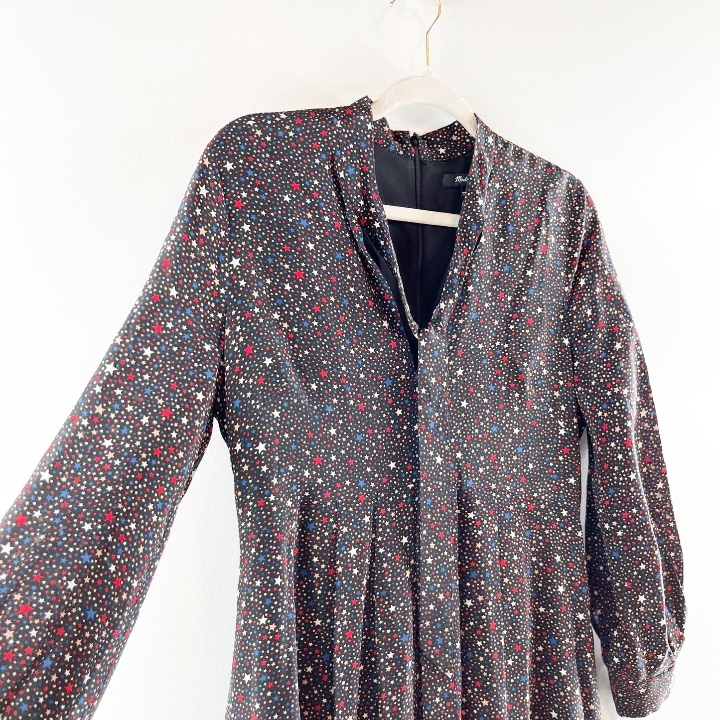 Madewell Long Sleeve Balsam Tie Neck Mini Silk Dress in Starry Night Black 4