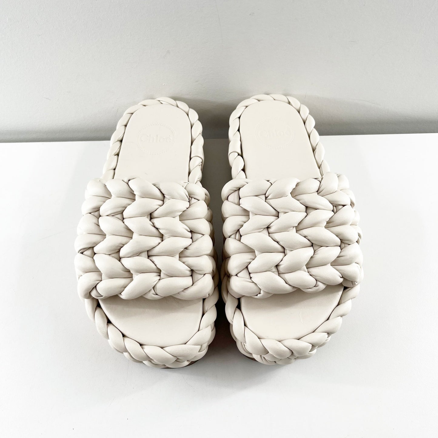 Chloe Wavy Braided Leather Platform Slide Sandals Cream White 39 / US 9