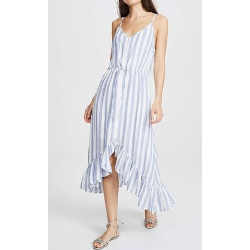 Rails Frida Ciel Striped Linen Ruffle Hem Midi Dress Blue White Medium