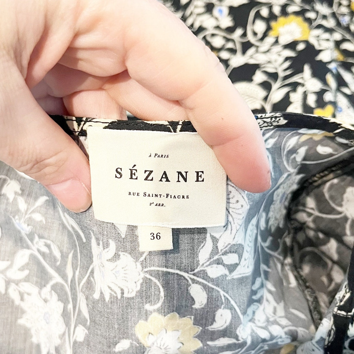 Sezane Roby Ruffle Long Sleeve Floral Cotton Poplin Blouse Black 36 / US 4