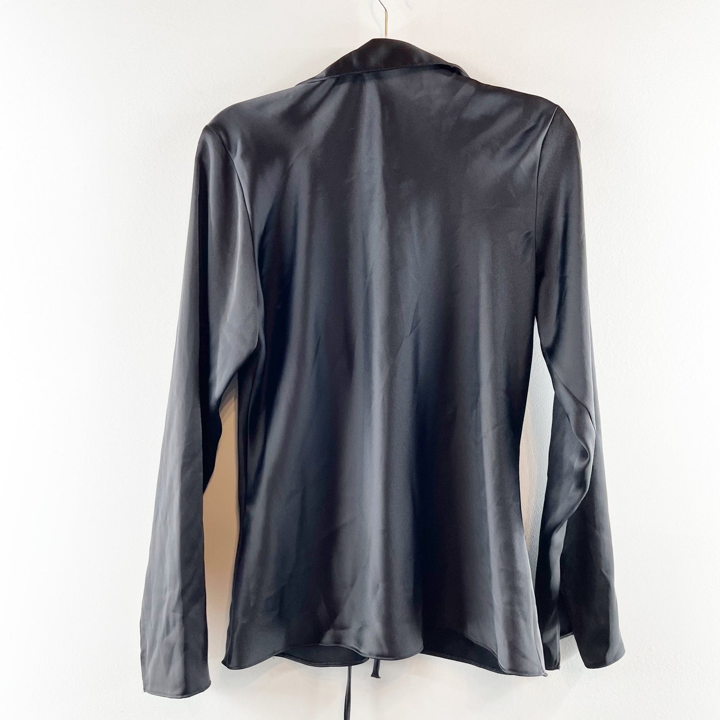 Zara Tie Front Long Sleeve Satin Blouse Shirt Black XL