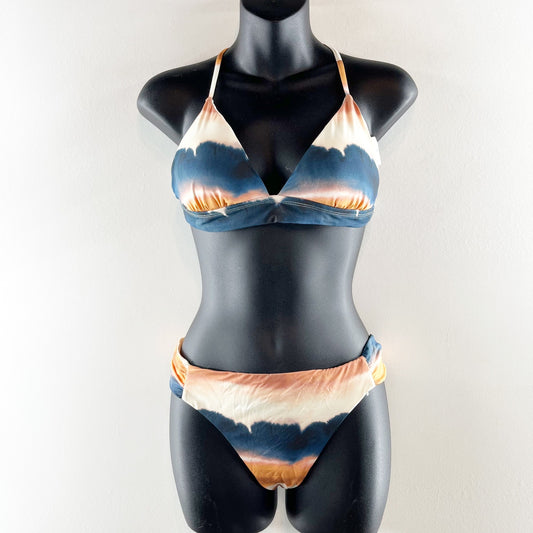 Lucky Brand Tie Dye Ombre Striped Two Piece Bikini Swimsuit Blue Orange Large
