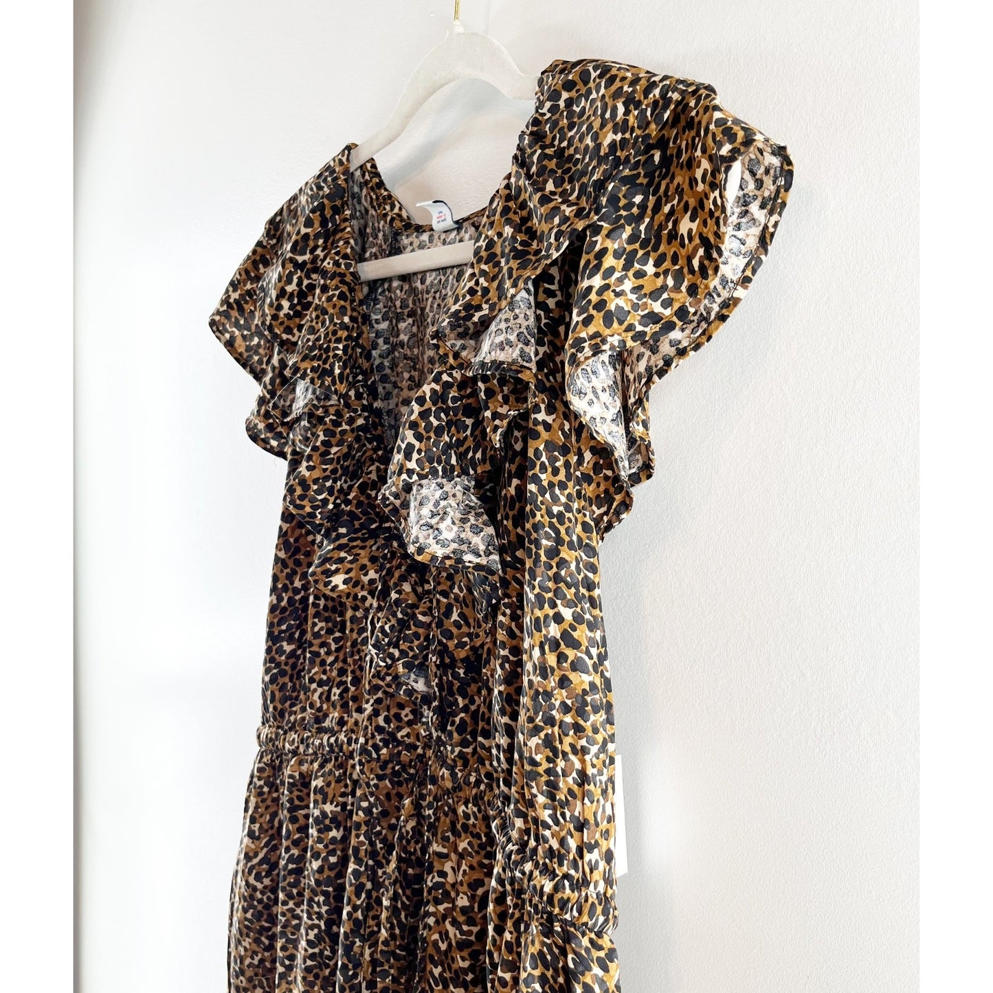 Old Navy Waist Defined Ruffle Trim Mini Dress Leopard Wild Spots Brown Large