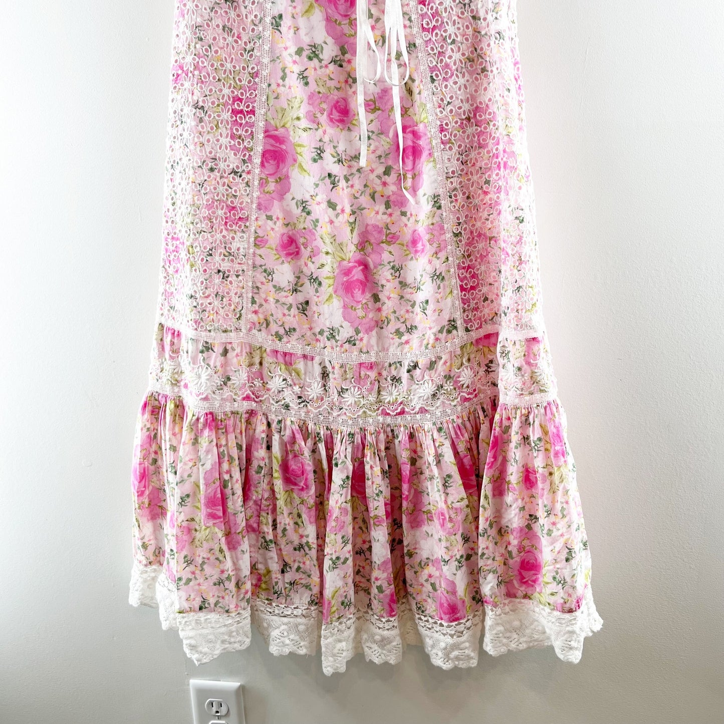 LoveShackFancy Charles Floral Square Neck Short Sleeve Midi Dress Pink White 0