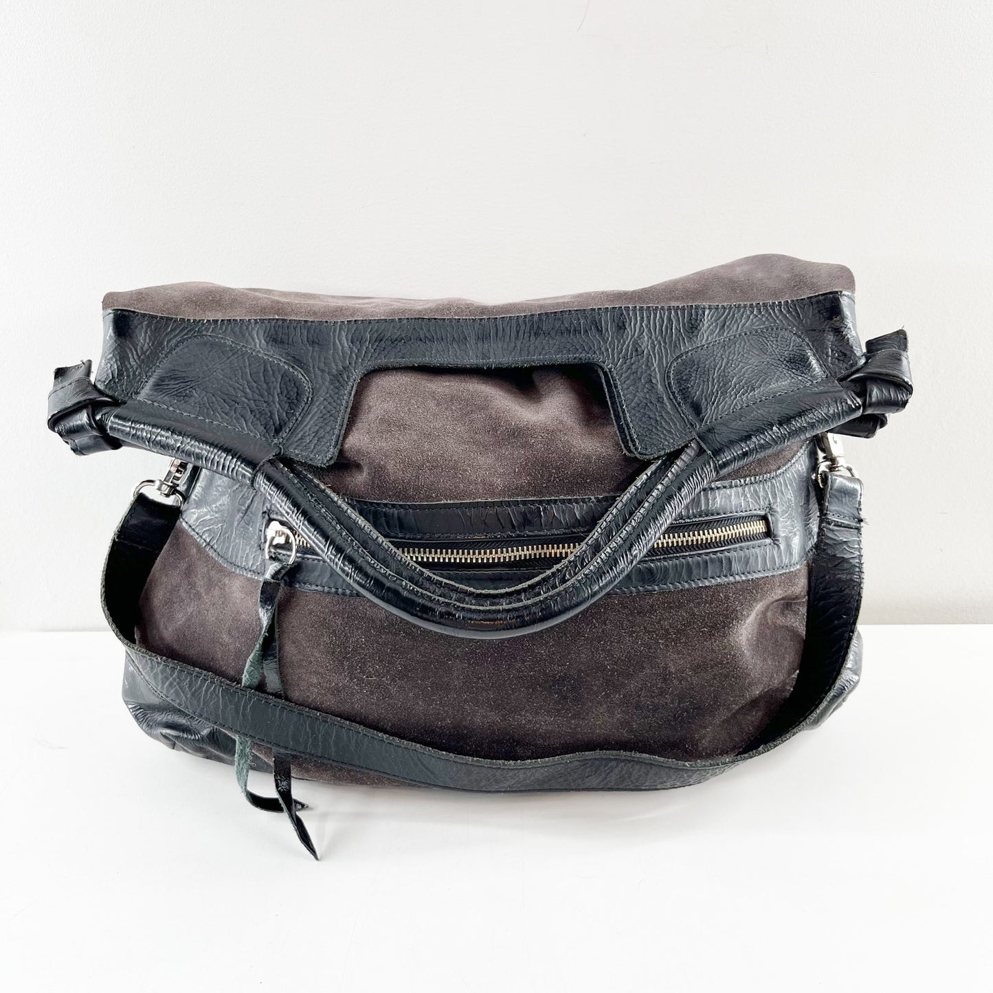 Foley + Corinna Fold Over Purse Handbag Brown Suede & Black Patent