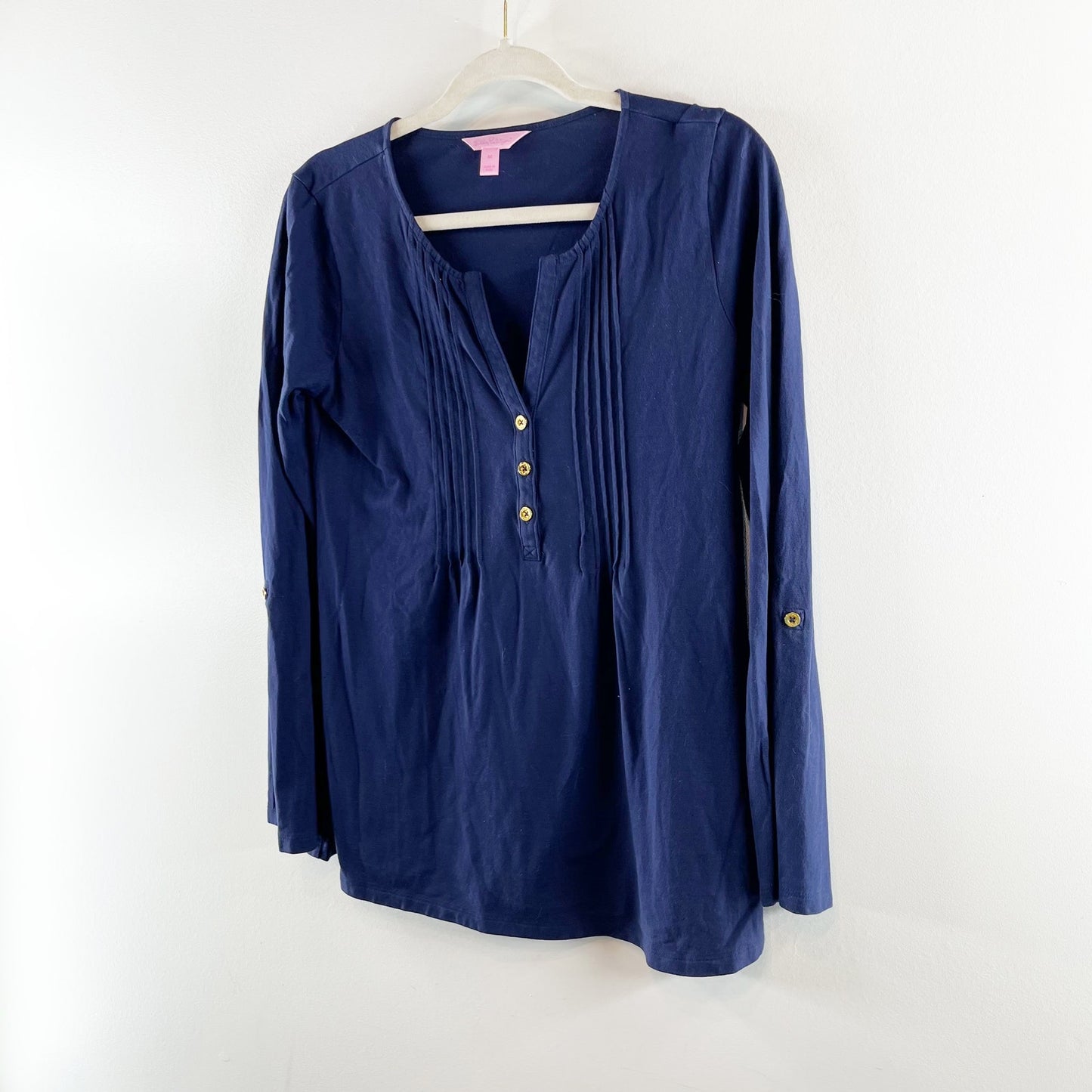 Lilly Pulitzer Pima Cotton Popover Roll Tab Sleeves Pintuck Henley Top Navy Med