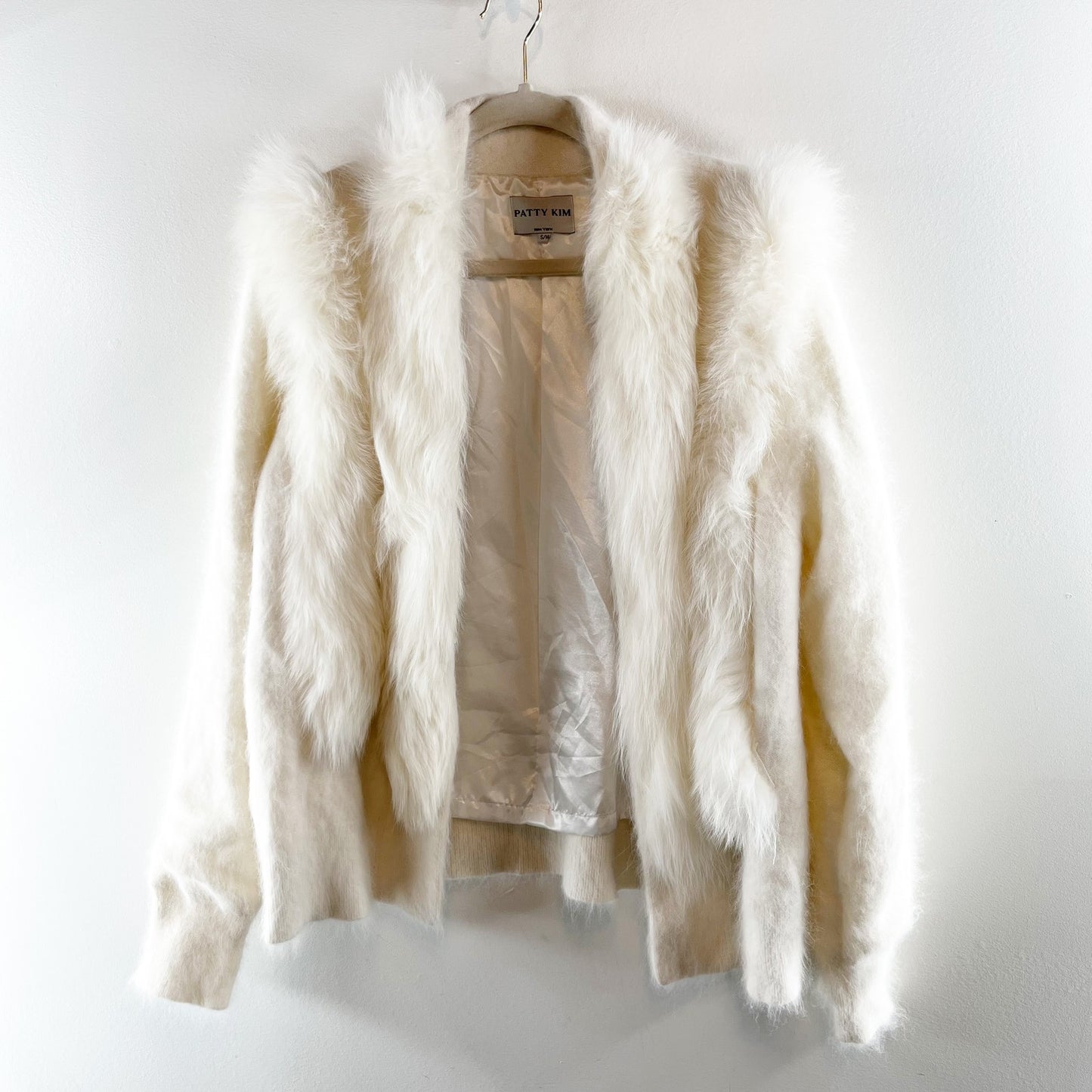 Patty Kim Long Sleeve Rabbit Fur Open Front Cardigan Sweater Cream Small / M