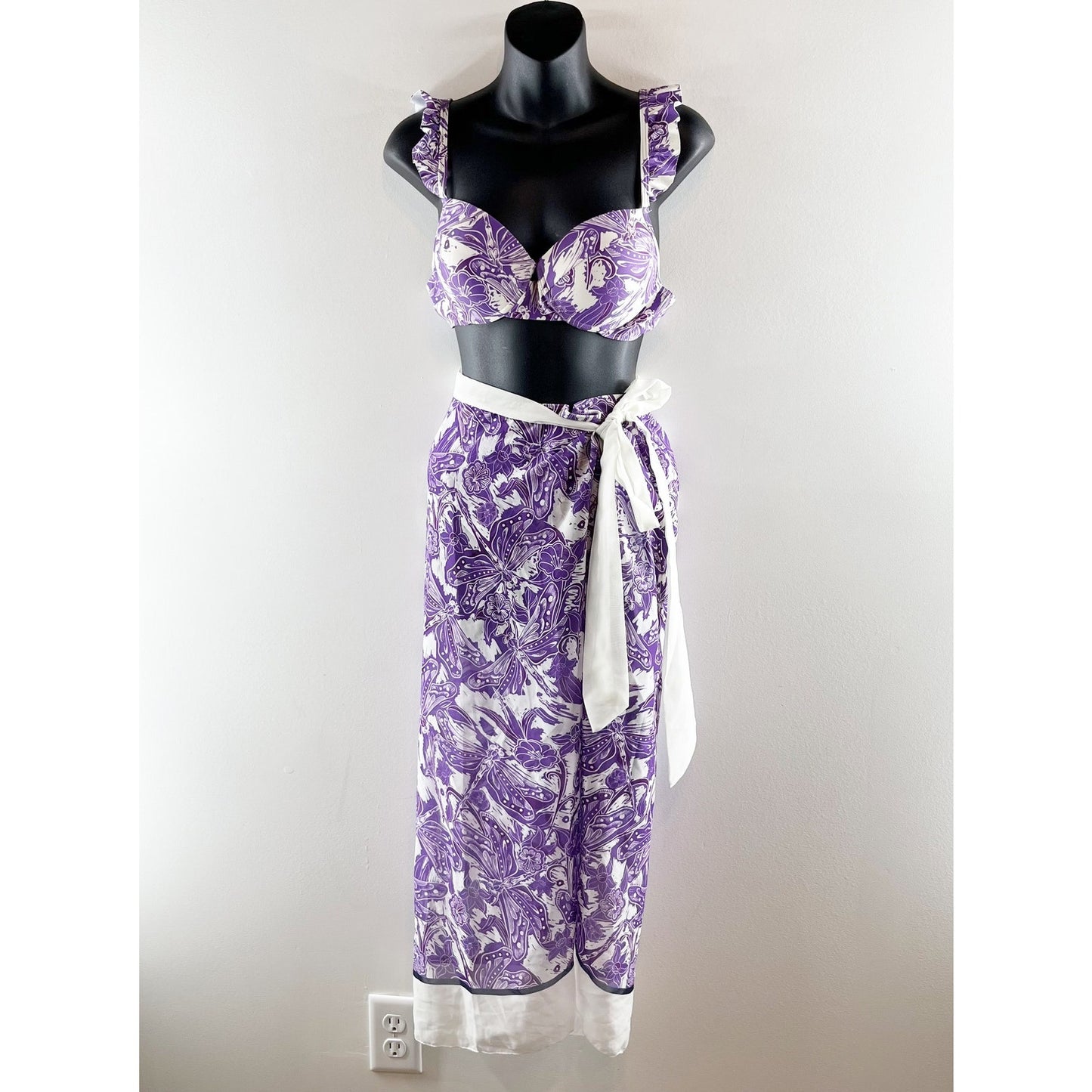 Floral Ruffle Strap High Rise Two Piece Bikini With Wrap Sarong Skirt Purple XL