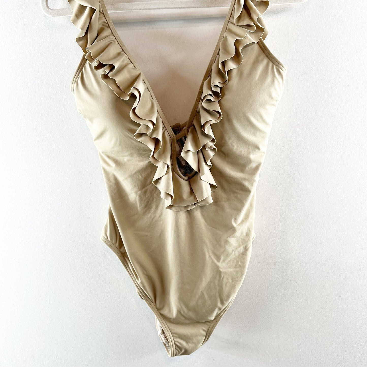 Michael Kors Plunge Ruffle Trim Open Back One Piece Swimsuit Gold Tan 14