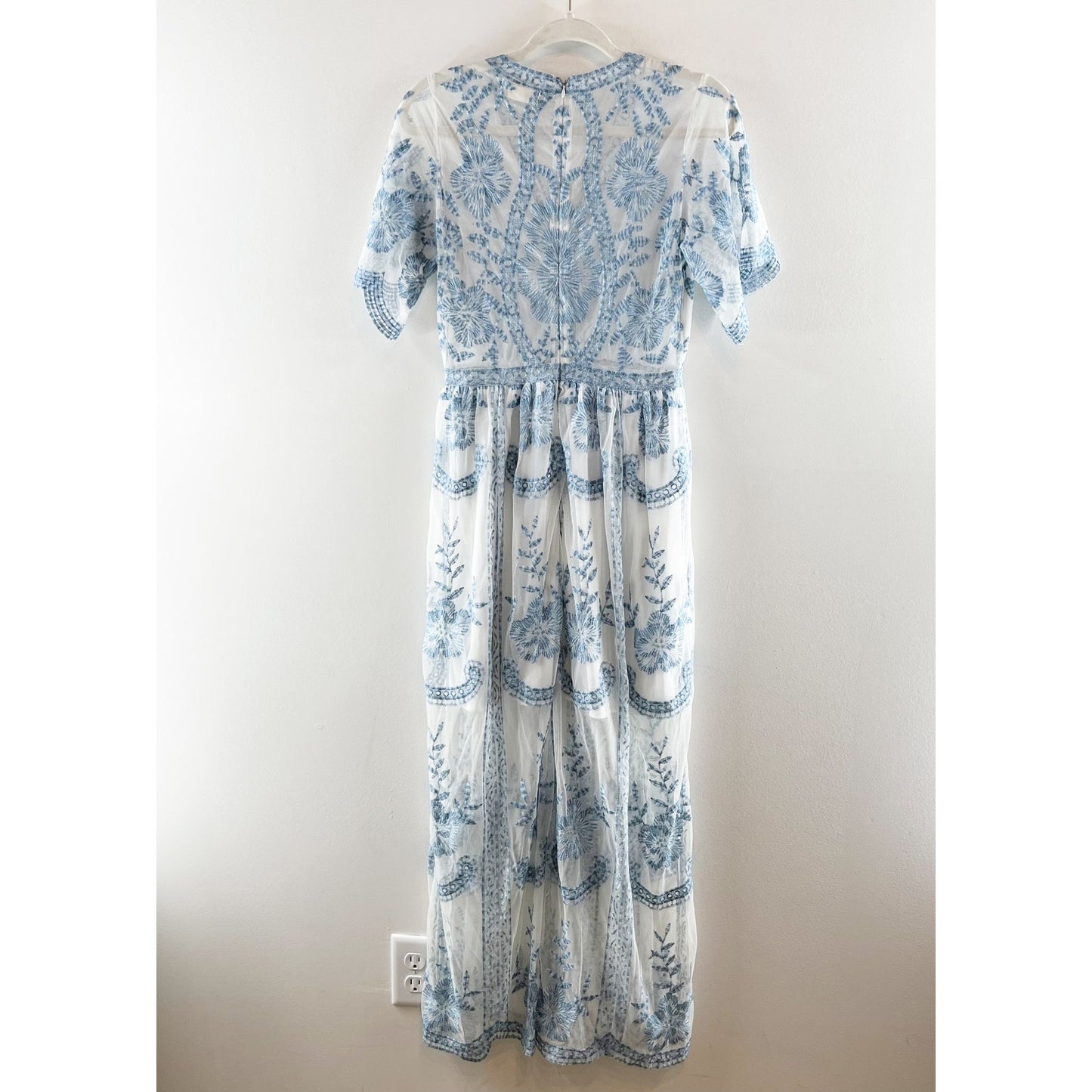Altar'd State Short Sleeve Embroidered Sheer Boho Lace Catania Maxi Dress Blue S