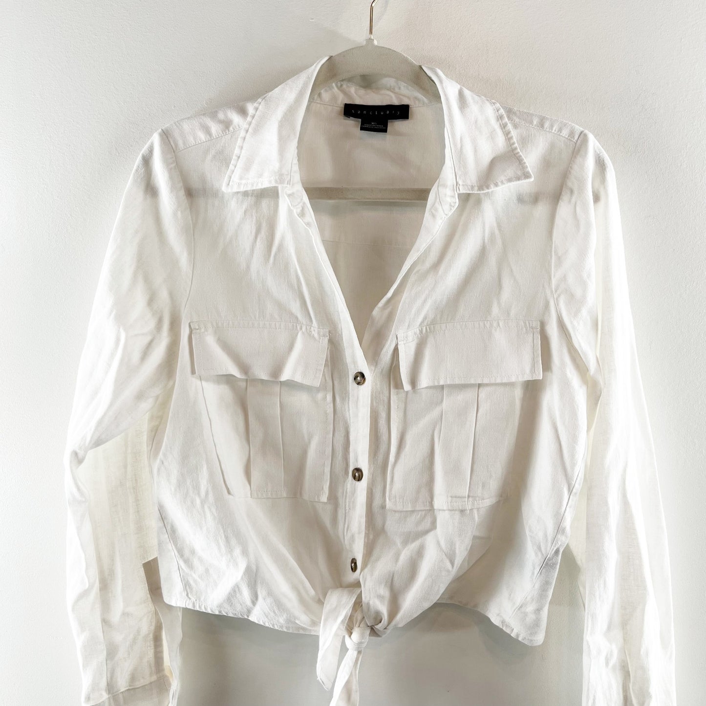 Sanctuary Utility Long Sleeve Chest Pocket Tie-Front Button-Up Shirt White XS