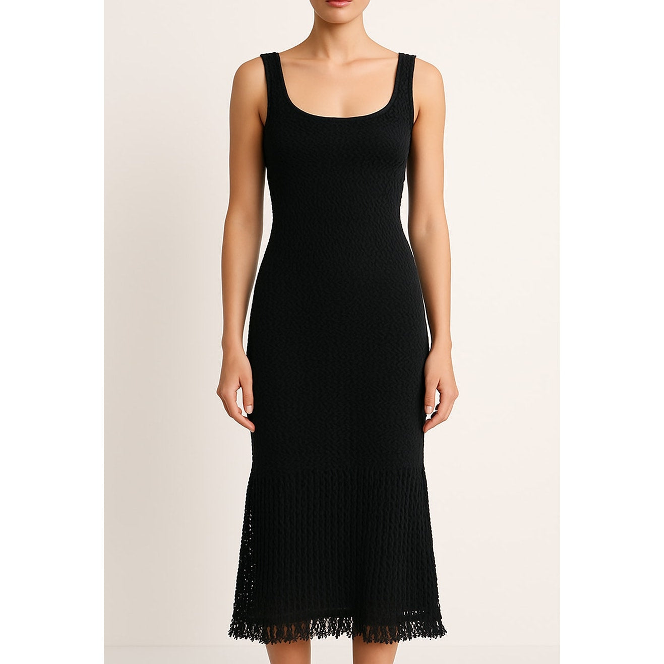 House of Harlow Knit Crochet Fringe Hem Midi Dress Black Small