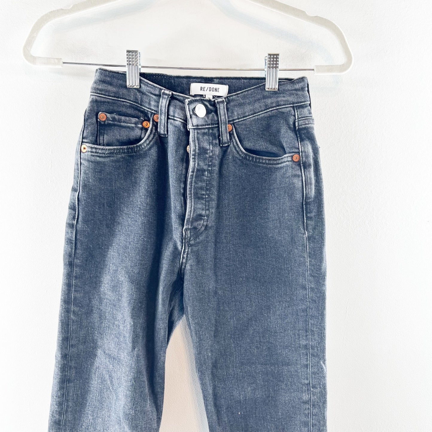 Re/Done 90s High-Rise Button Fly Ankle Frayed Hem Cropped Skinny Jeans Black 25