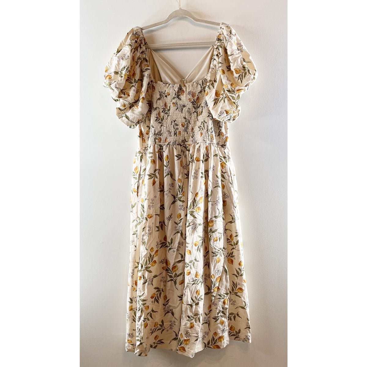 LEA Lemon Print Puff Sleeve Twist Front Smocked Maxi Dress Beige Yellow 2X