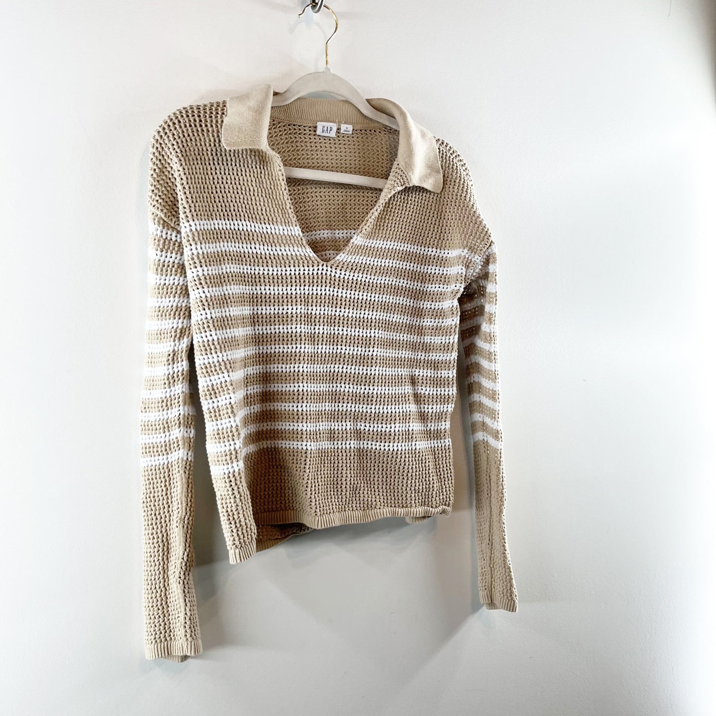 GAP Long Sleeve Crochet Collared Sweater Tan Beige Small