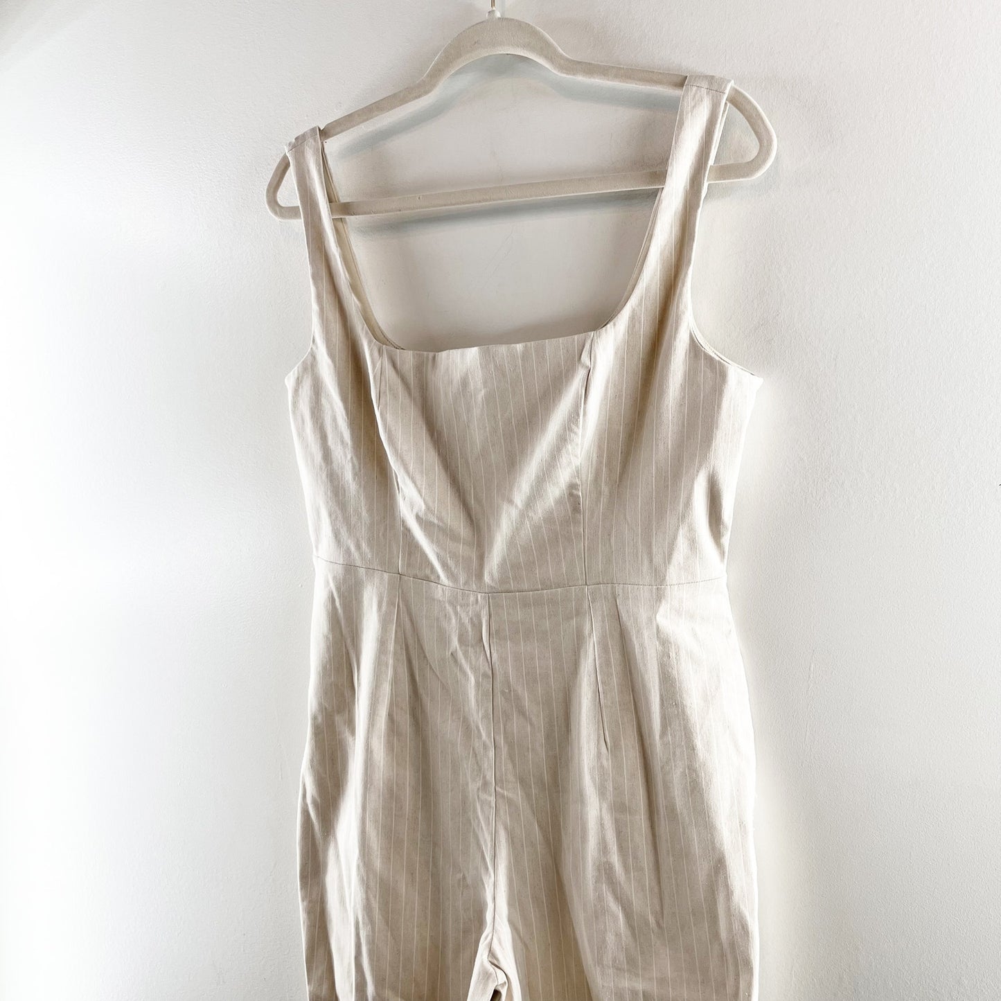 ASOS Square Neck Flare Tailored Pinstripe Jumpsuit in Stone Stripe Tan 8