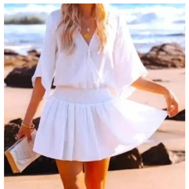 Miou Muse 3/4 Sleeve Surplice V-Neck Cover-Up Mini Dress Gauze White Small
